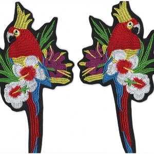 Big Set Red Twin Parrots With Flowers Back Embroidery Patches - Big Set Embroidery Parrots Patch - 2 Iron-On Cute Birds Backpack Patch