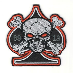 Orange, Black & White MC Style Skull on Ace of Spades Embroidery Patch -Classic Biker Punk Costume Clothing Iron-On Spades Skull Patch #B142