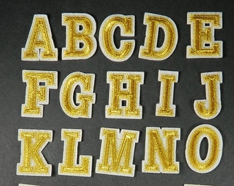 Gold and White Varsity Letters Embroidery Patch - ABCs School Font Letters Kids Iron-On Embroidered Patch - Childs Iron On Clothing Patch