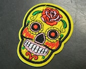 Colorful Yellow Red Flower Sugar Skull Iron On Embroidery Patch - Costume Flair Sugar Skull Iron-On Patch - Iron On Clothing Costume Patch