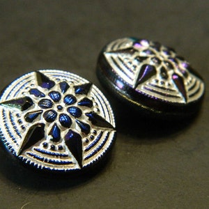 18MM Cobalt Blue & Silver Star Vintage Style Czech Glass Button - Star Pattern Czech Glass Button Artisan  Jewelry Glass Button #B729