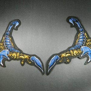MASSIVE Set Twin Blue & Yellow Scorpions Iron On Embroidered Patches- Big Pair Scorpion Embroidery Patches For Clothes, Jacket, Backpack 198