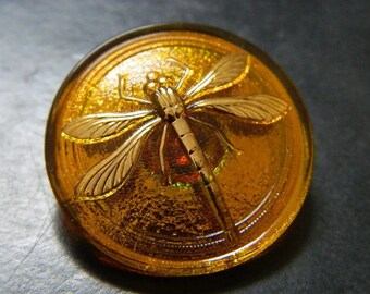 31MM Retro Yellow Honey Dragonfly Czech Glass Button - Artisan Boho Button Hand Made Vintage Dragonfly Czech Buttons 1 Button Per Order B732