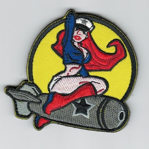 Vintage American Pin-Up Bombs Away Embroidered Patch - Pin-Up Girl Military Embroidery Patch - Vintage Patches - 2 Sizes Available #B781