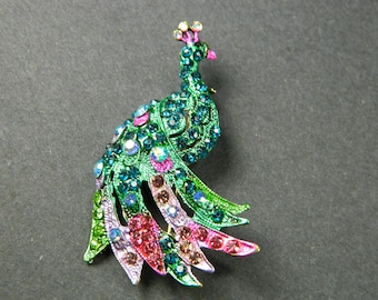 Teal and Pewter Gold Peacock Brooch - Fashion Rhinestone Peacock Brooch Pin -  Perfect for Costumes, Dresses & Blouses #B701