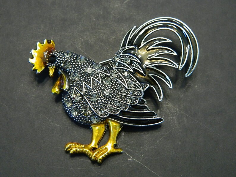 Big Rooster Yellow Comb Brooch Pin Silver Dotted Brushed - Etsy