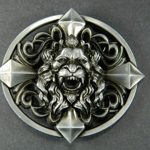 Roaring Lion Head and Cross Metal Belt Buckle - Mens Specialty Metal Belt Buckles - Fantasy Lion Belt Buckle - Unique Guys Belt Buckles B582