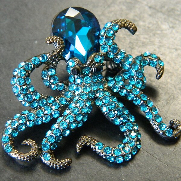 Stunning Octopus Brooch Pin - Antique Golden Pewter & Blue Crystal Rhinestones Octopus Brooch Womens Jewelry - Costume Bling #D45