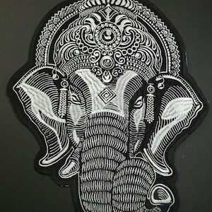MASSIVE Embroidered Silver Ganesha Hindu Elephant God Iron-On Patch - XXL India Elephant Iron On Patch For Large Patchwork Applications