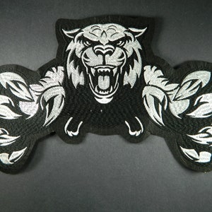 Large Monochrome Jumping Tiger Iron-On Embroidered Patch - Big Attack Tiger With Claws Out Embroidery Back Patch Iron On Patch