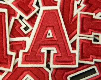 Dark Red & White Varsity Letters / Numbers Embroidery Patch - Cool ABCs School Font Letters Iron-On Embroidered Patch - Alphabet Cloth Patch