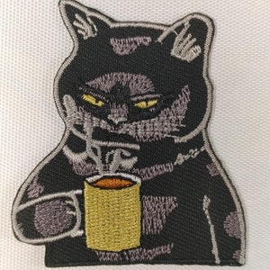 Coffee Cat Embroidery Patch - Cat with Coffee Cup Clothing Iron-On Embroidery Patch - Cat & Coffee Accessory Patch #B611