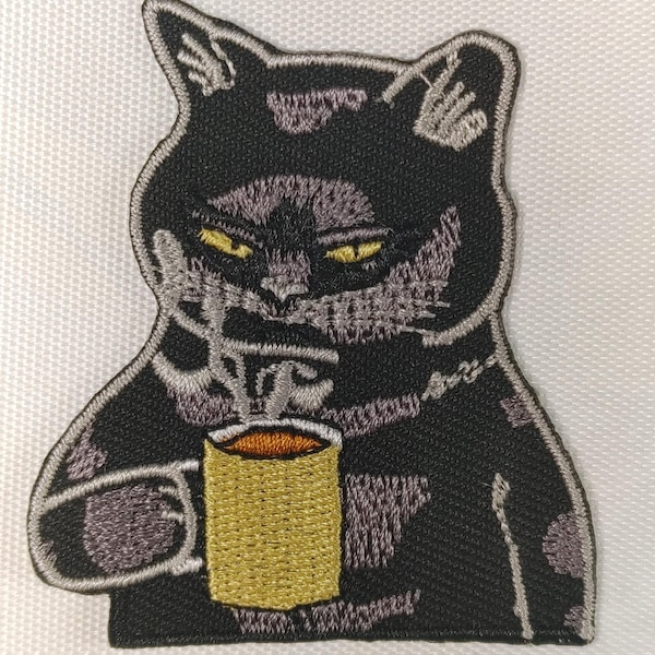 Coffee Cat Embroidery Patch - Cat with Coffee Cup Clothing Iron-On Embroidery Patch - Cat & Coffee Accessory Patch #B611