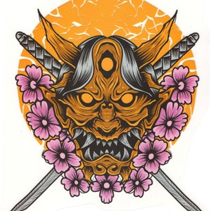 Big Samurai Mask Thermal Iron-On Patch- Thermal Vinyl Iron On Patch Featuring Oni as Samurai Mask & Swords - Thermal Iron-On Transfer 260