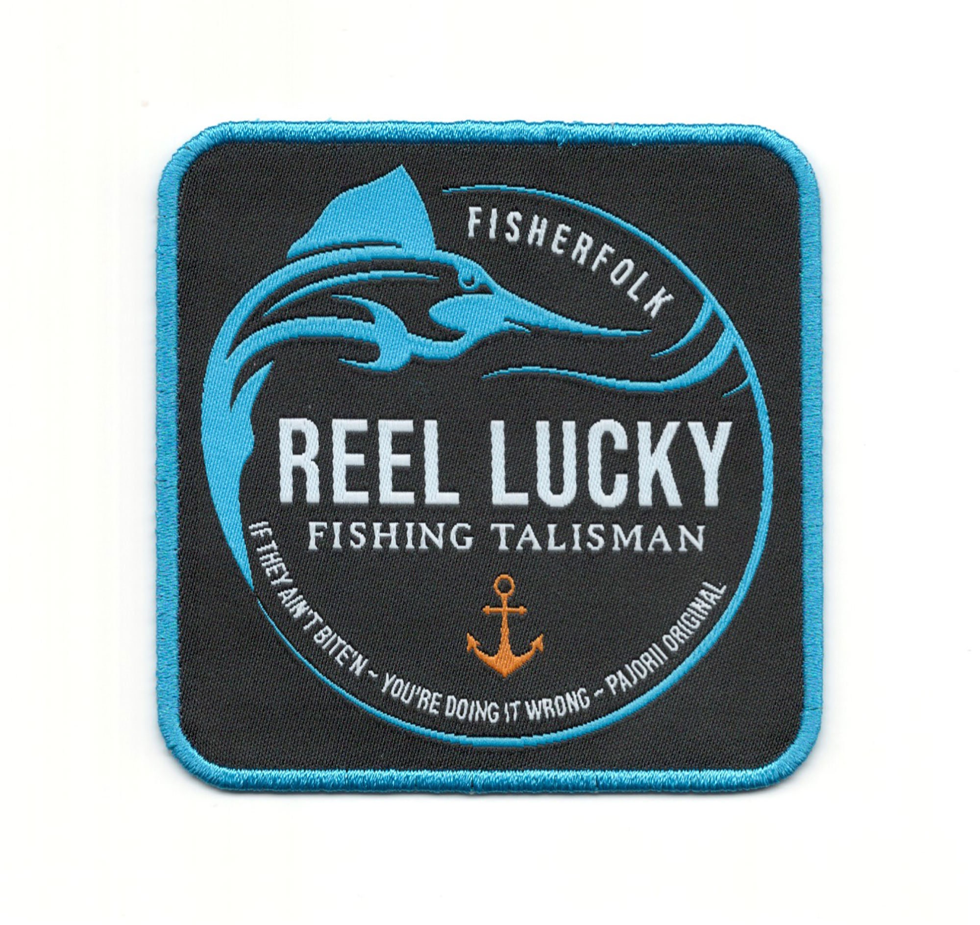Outdoor Fishing Patch Neoprene Printed Iron on Reel Lucky Fishing  Embroidery Patch Blue on Black Fisherfolk Lucky Fishing Talisman B663 