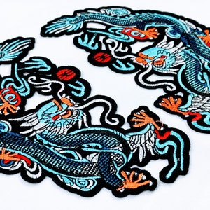 Big Pair Blue Twin Dragons Statement Back Embroidery Patches - Big Set Embroidery Dragons Patch - Iron-On Biker Dragons Backpack Patch