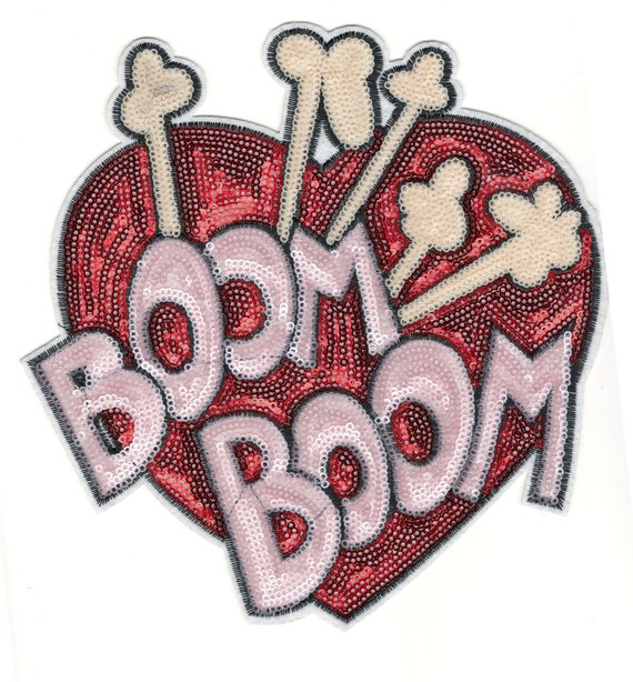 Big Sequin Heart & Boom Boom Words in Red and Pink Embroidery