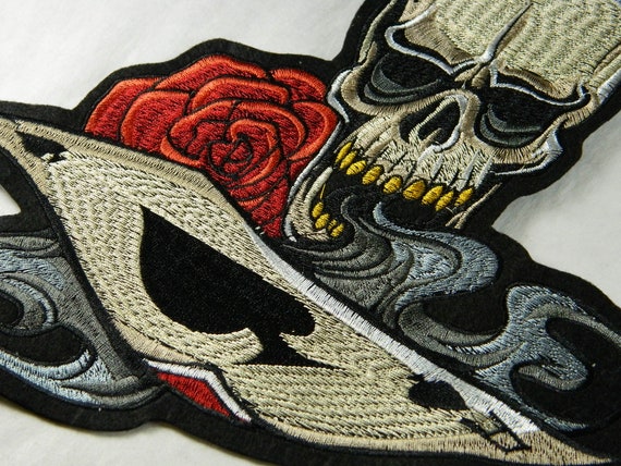 Large Gamblers Ace, Skull and Rose Iron-on Embroidered Patch Ace Spades  Death Embroidery Back Patch for Jacket, Backpack & More AA216 