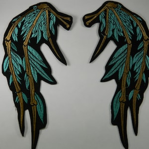 Set Green Feather and Bone Angel Wings Embroidery Patch - Spiritual Fantasy Scifi Embroidery Wings Patch - Iron On Angel Wings Patch 133