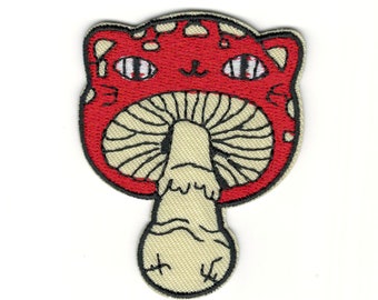 Kitty Mushroom Embroidery Patch - Psychedelic Mashup Kitty Cat Mushroom Embroidered Patch -Iron-On Patches Hats, Jeans, Jackets & More #B204