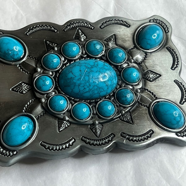 Midwest Style Turquoise Metal Belt Buckle - Specialty Metal Belt Buckles - Decorative Turquoise Belt Buckle - Unique Belt Buckles #B461