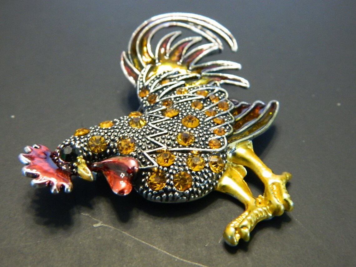 Big Rooster Red Comb Brooch Pin Silver Dotted Brushed Enamel - Etsy