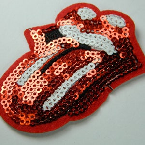 Small Red Sequin Tongue & Lips Embroidery Patch - Sew On Electric Red, White and Black Sequin Embroidery Back Patch for Jackets #B355