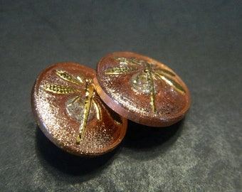 18MM Vintage Styled Golden Dragonfly On Rose Gold Czech Glass Button Dragonfly Czech Glass Button Artisan Jewelry Glass Button #B732