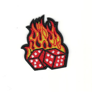 Small Blazing Hot Gamblers Dice Clothing Patch - Bikers, Punk, Gambler Roll the Dice Flaming Dice Craps Embroidered Iron-On DIY Patch #B428