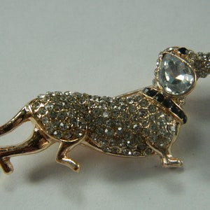 Small Silver Weiner Dog Brooch Pin - Silver White Dachsund Rhinestone Dotted Pewter Silver Weiner Doggy Brooch - Dog Costume Bling #B073