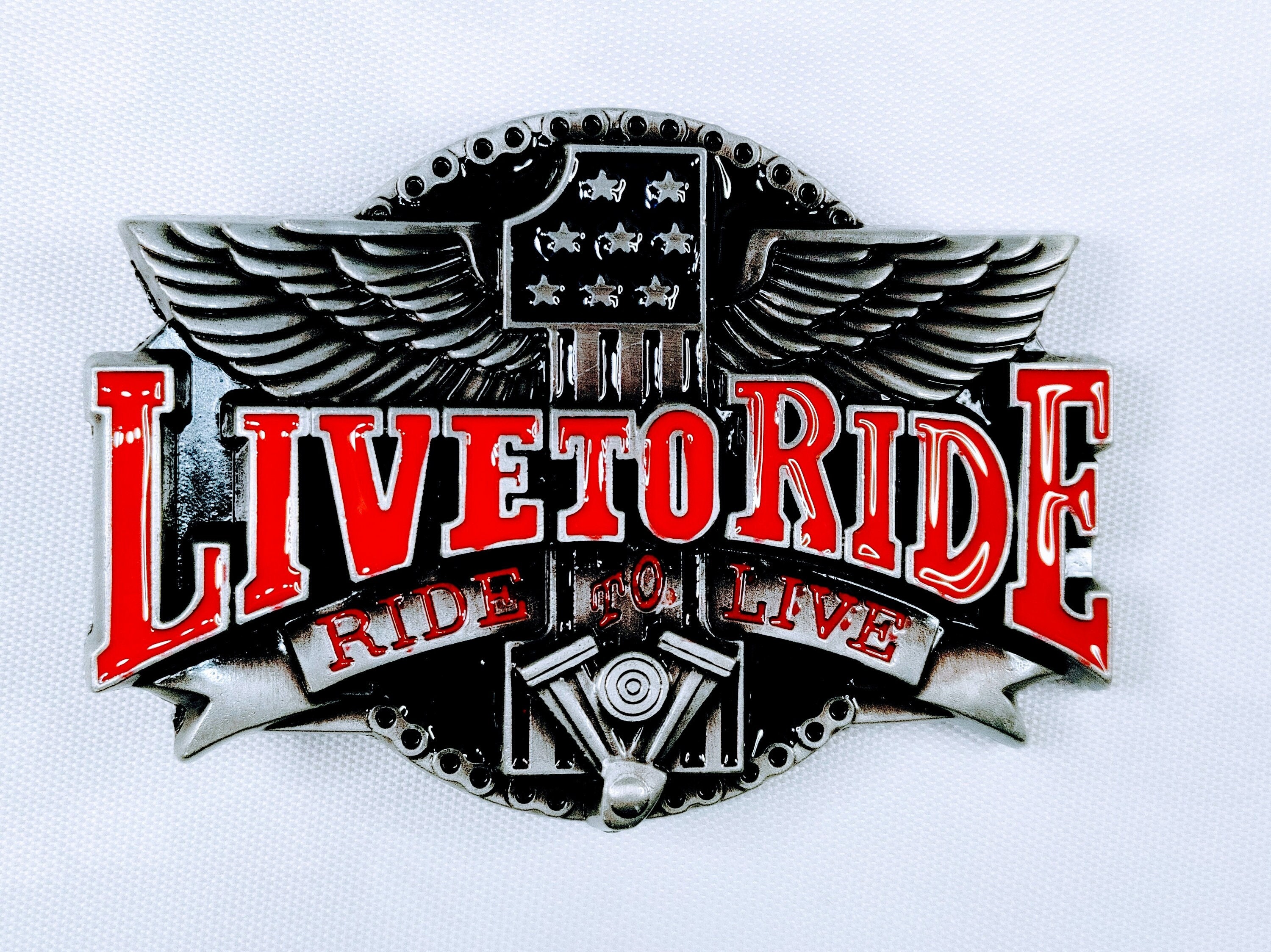PEWTER AND ENAMEL LIVE TO RIDE EAGLE BELT BUCKLE