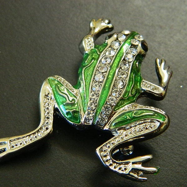 Silver Pewter Tree Frog & Rhinestones Brooch Pin - Retro Style Pewter And Crystals Rhinestones Tree Frog Brooch - Costume Bling #B718