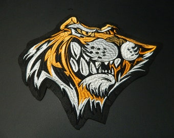 Large Orange & Gray Tiger Head Iron-On Embroidered Patch Big Tiger With Amazing Striping and Angles Embroidery Back Patch Iron On Patch AA56