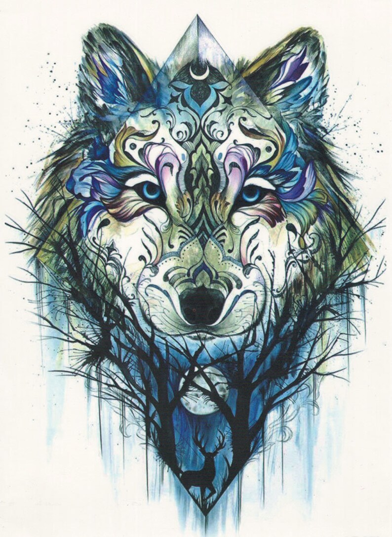 Costume New Age Wolf Temporary Tattoo Big Colorful Night Wolf Composite Temporary Tattoo Wolf Temporary Tattoo Costume Accessories
