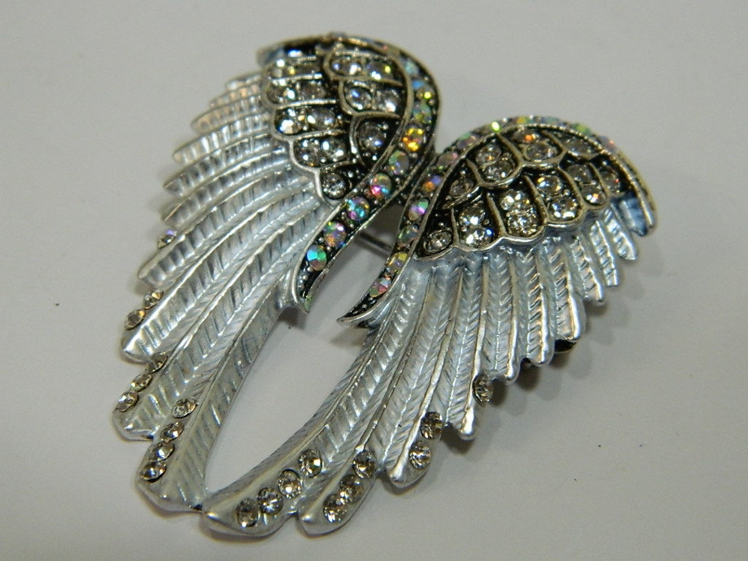 White & Gray Angel Wings Brooch Pin Silver Brushed Pewter - Etsy