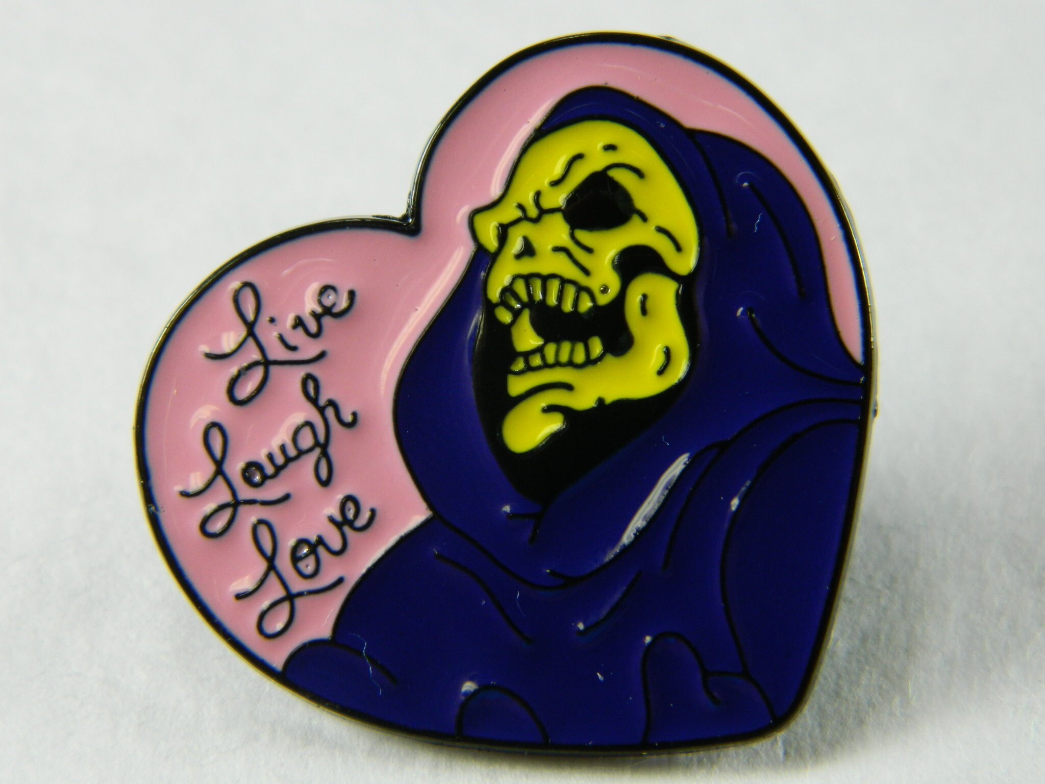 Skeletor He-Man Live, Laugh, love Lapel Pin - Fun Heart Shaped Skelet…