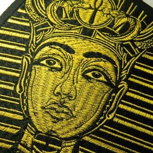 Large Gold Egyptian Pharaoh Iron On Patch - Egyptian Pharaoh King Tut With Ankh Eye Of Horus And Snakes Iron-On Embroidery Patch
