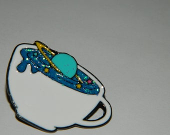 Quirky and Sparkly Saturn in Coffee Stylized Lapel Pin - Fun Planet in Coffee Cup Shaped Flair Brooch Pin -Unique Lapel Pin #B546