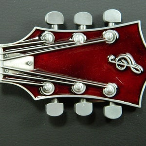 Red Guitar Headstock Belt Buckle-Mens Specialty Metal Belt Buckles - Stylized Belt Buckle - Musicians Guitar Music Unique Belt Buckles #B633