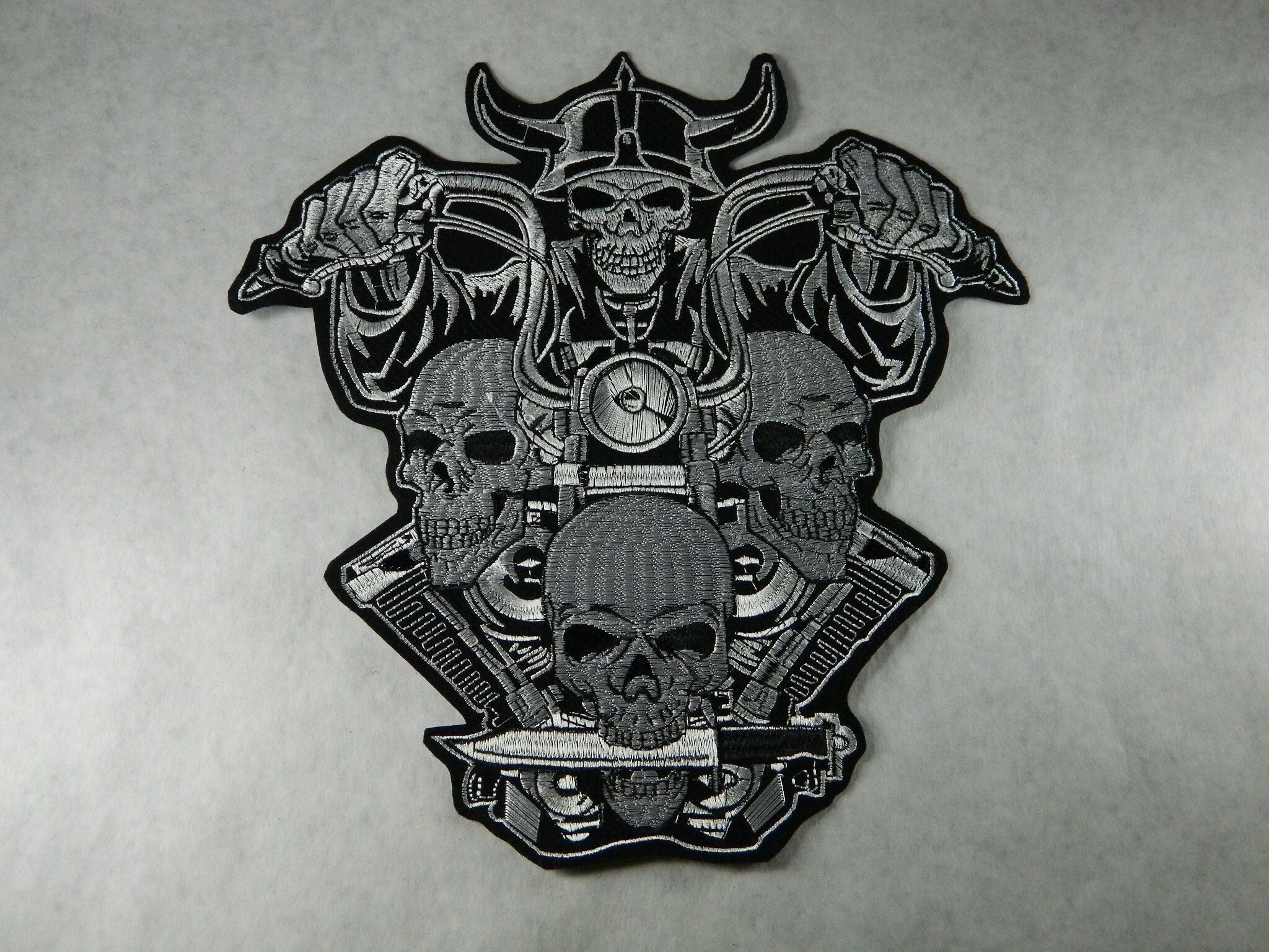 Large Black and Silver Bikers Iron-on Embroidered Patch XL Skull Motorcycle  Knife Horns Iron on Jacket Patch Extra Large Biker Patch 251 