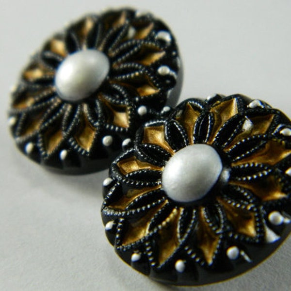 18MM Black Collarette Flower Style Czech Glass Button - Black Base Flower Czech Glass Button Gold & Silver Accents #B767