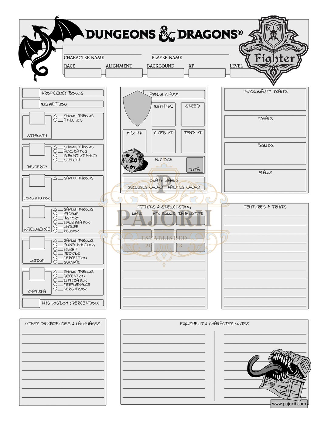 Dungeons &amp; Dragons 5E Fighter Character Sheet 2 Sided - Etsy