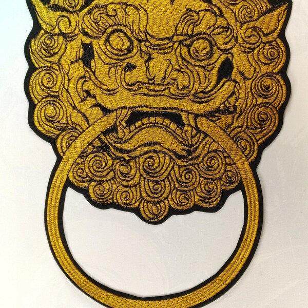 Large Golden Chinese Foo Dog Iron On Patch - Golden Chinese Foo Lion With Ring In Mouth Iron-On Embroidery Patch 284