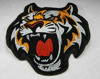 Large Orange & Gray Tiger Head Iron-On Embroidered Patch Big Tiger With Amazing Striping and Angles Embroidery Back Patch Iron On Patch 209