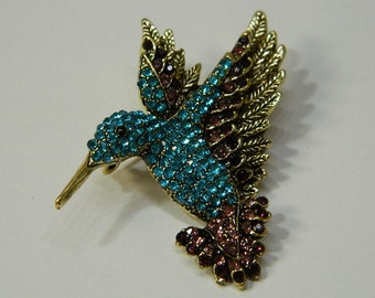 Light Blue and Pewter Gold Hummingbird Brooch - Fashion Rhinestone Hummingbird Brooch Pin -  Perfect for Costumes, Dresses & Blouses #B711