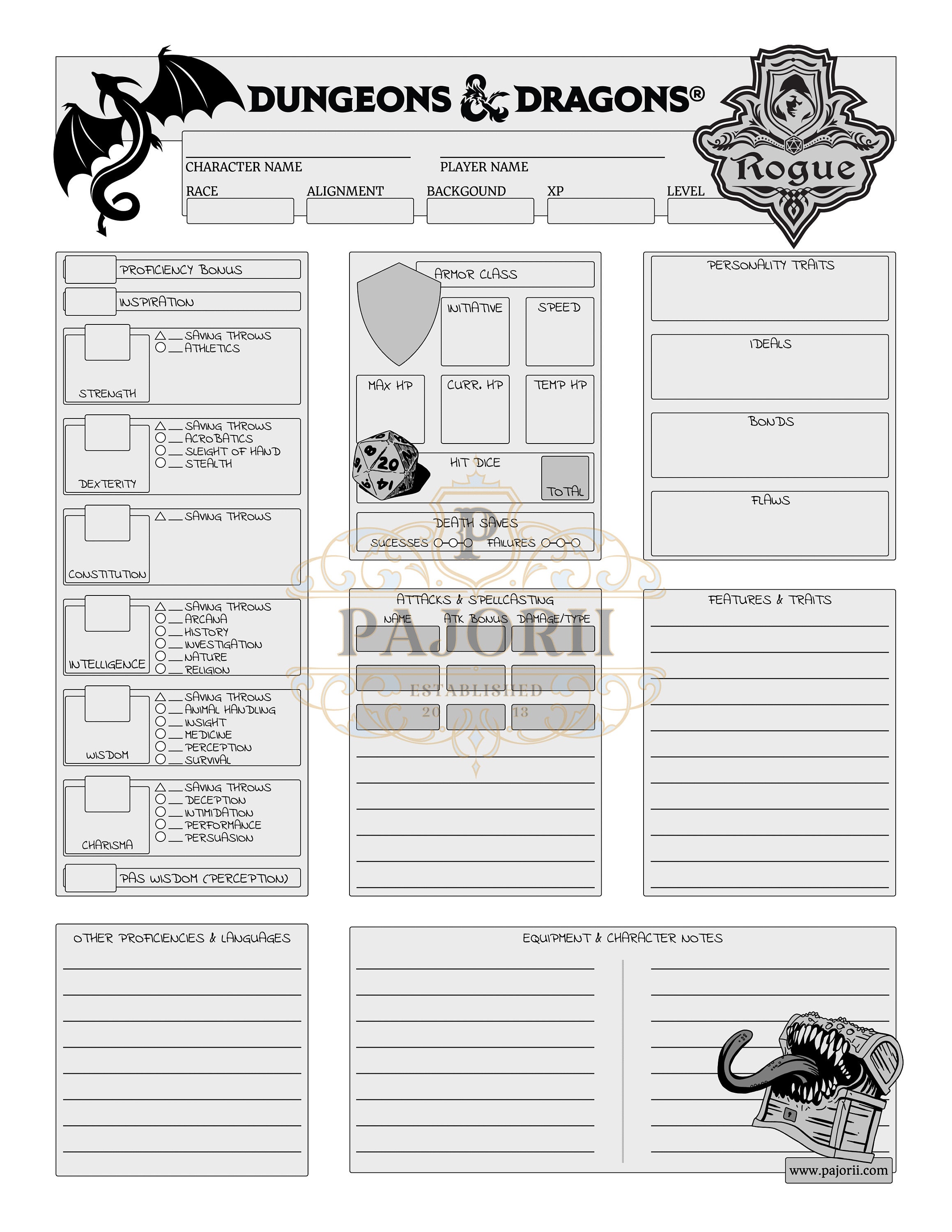 Dungeons & Dragons 5E Rogue Character Sheet 2 Sided Digital -  Portugal