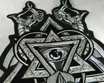 MASSIVE All Seeing Eye, Roses and Snake Heads Embroidery Patch - Silver & Black Iron-On Embroidered XXL Patch - Large Patch Applications 248