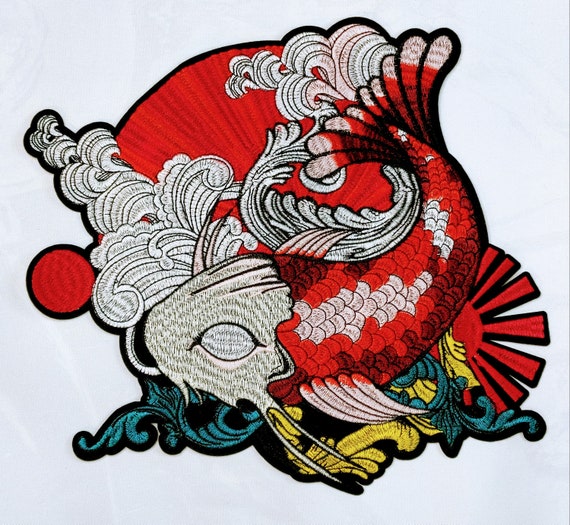 MASSIVE Japanese Koi Fish Statement Iron on Embroidered Patch Big Koi Lotus  Embroidery Patch for Clothes, Jackets, Backpacks Koi Patch 38 