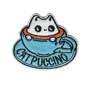 Cute Catpuccino Embroidery Patch - Cat & Coffee Lovers Clothing Iron-On Embroidery Patch - Kitten In Coffee Cup Accessory Patch #B369