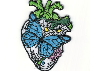 Anatomical Heart With Butterfly & Flowers Embroidery Patch - Beautiful Butterfly Anatomical Heart Embroidered Patch - Iron On Patch #B196